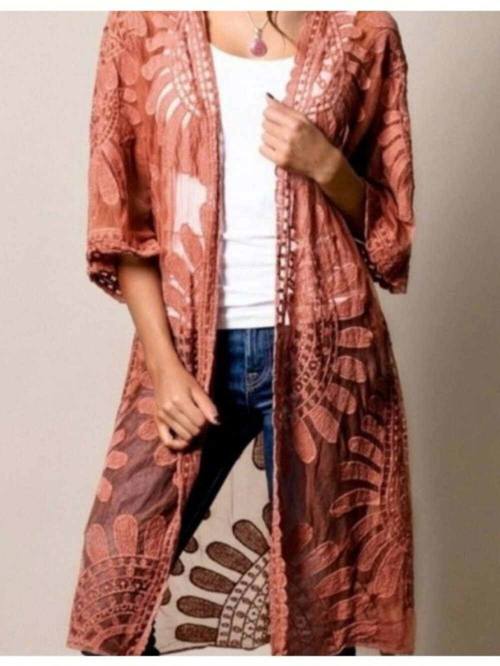 Rebellion Again Boho Rust Lace Kimono Cardigan Floral Embroidery Open Front Sz S